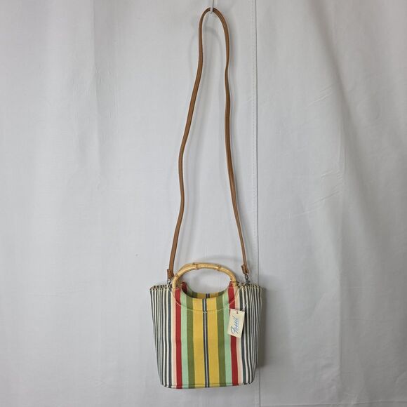 FOSSIL Sriped Canvas Crossbody Purse Bag Bamboo Handles Leather Detachable Strap - Picture 2 of 7